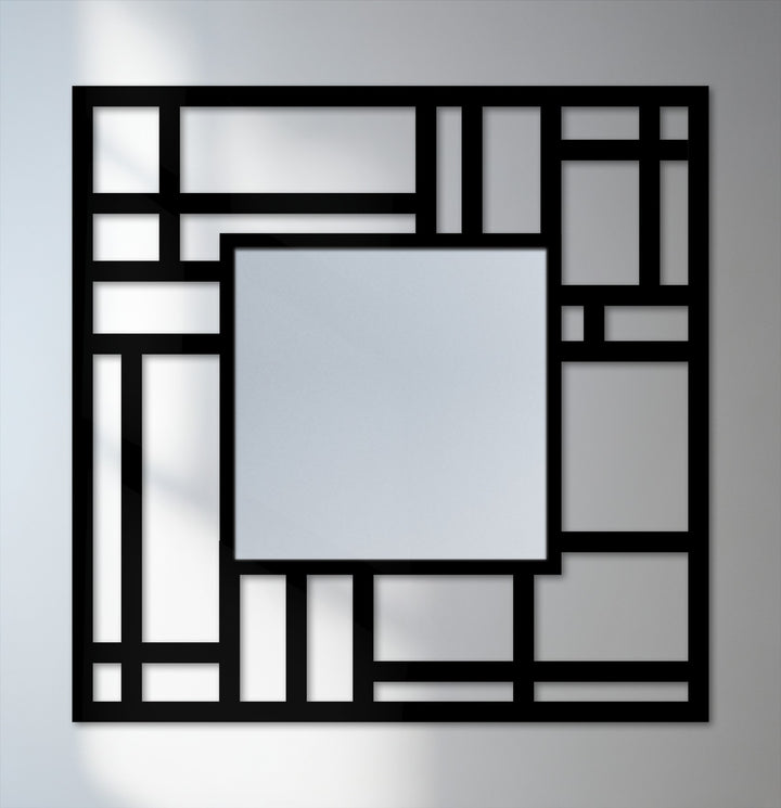 The darkest area showcases the bold, black geometric grid defining this modern metal artwork, highlighting the reflective bathroom mirror nestled within the structured design.