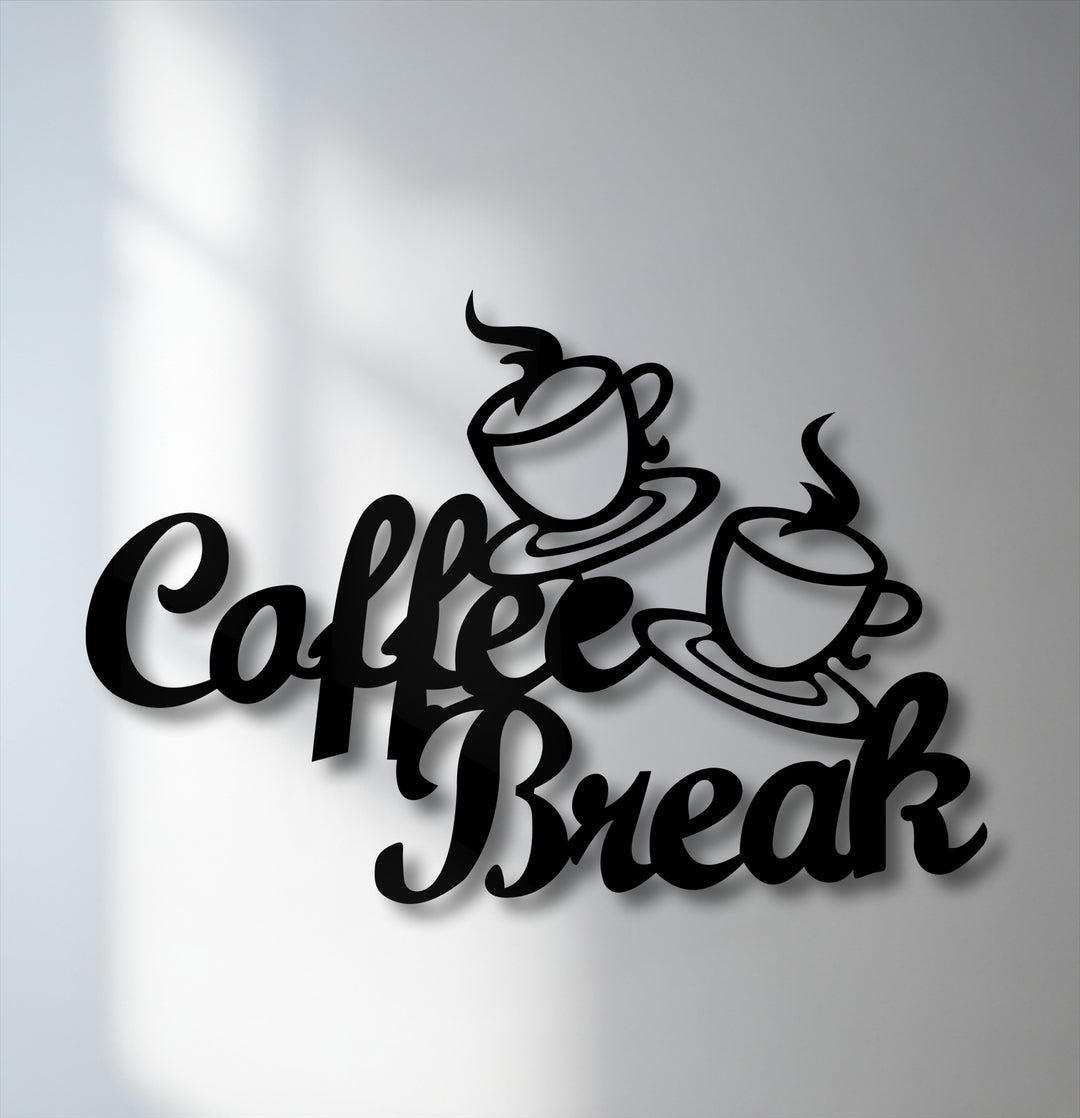 The dynamic black 'Coffee Break' script and two steaming coffee cup cutouts are the loudest elements of this stylish metal wall decor piece.