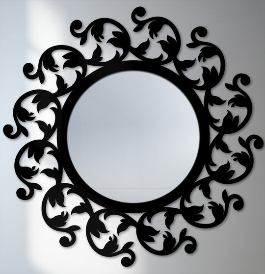 Highlighting the darkest area, this floral scroll decorative mirror showcases a striking botanical frame, a unique metal wall art piece perfect for modern interiors.