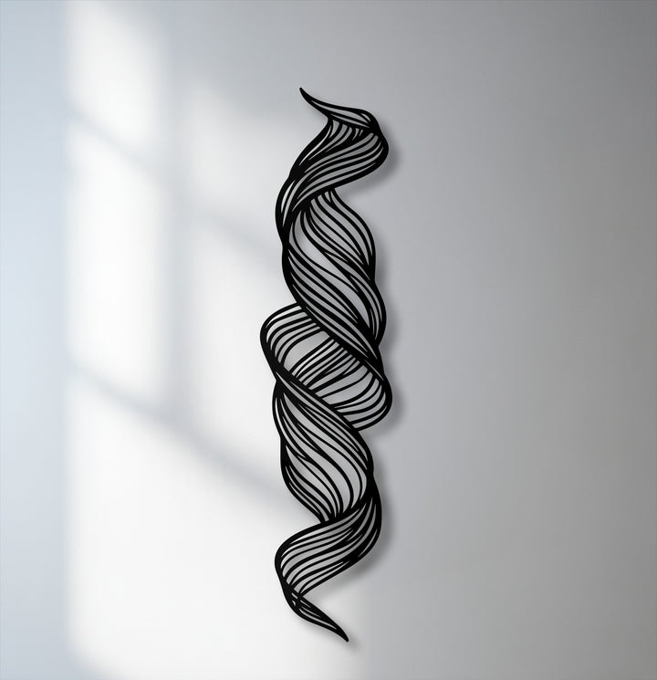 Geometric, dynamic intertwined parallel lines form an elegant twisted flow abstract metal art for wall, showcasing a modern vertical design.