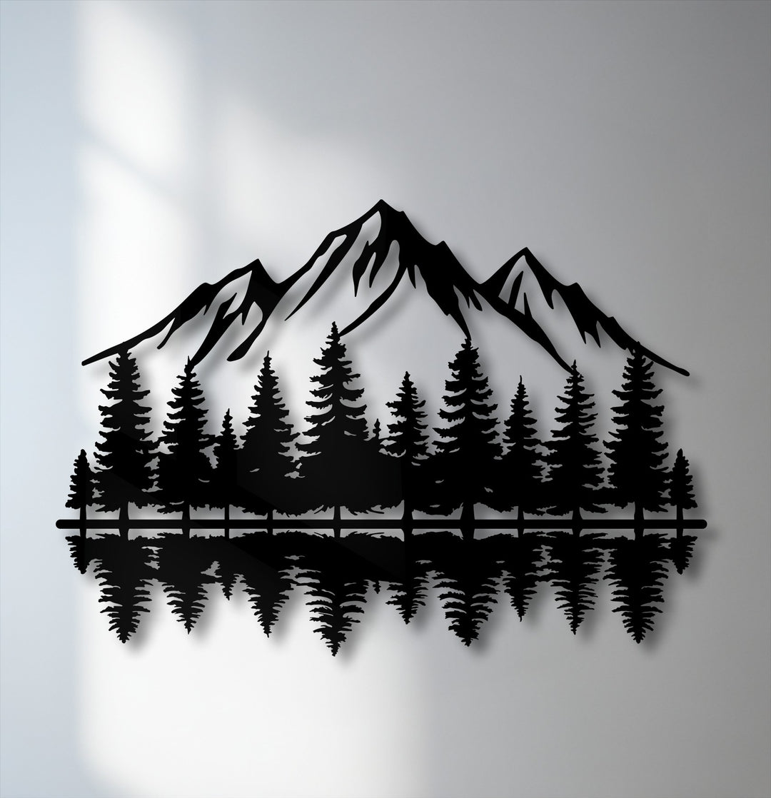 The foreground detail clearly displays the intricate reflection of a dense pine forest, forming a striking unique metal wall art piece.