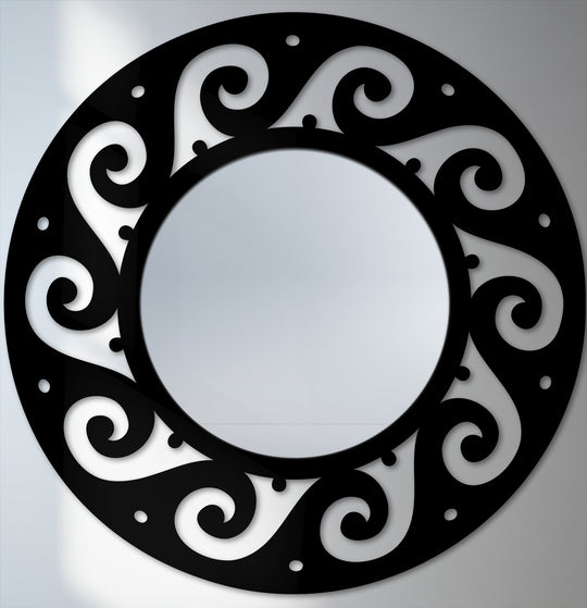 Against the soft, cool-toned background, this modern wall mirrors features a striking black swirl pattern frame with a circular reflective center.