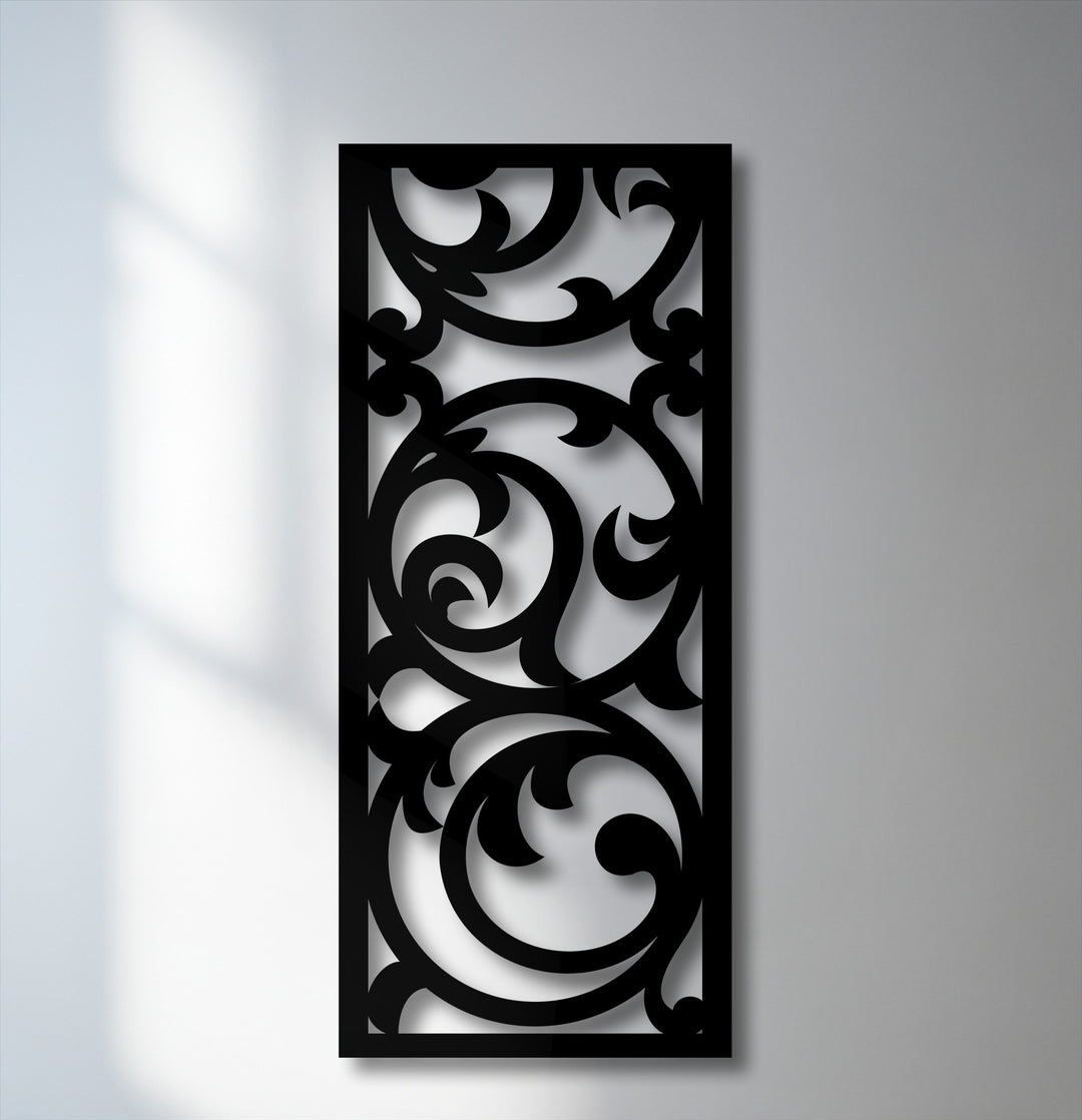 The abstract quality of this ornate floral scroll metal wall decor features intricate baroque-inspired swirls that cast dynamic shadows.