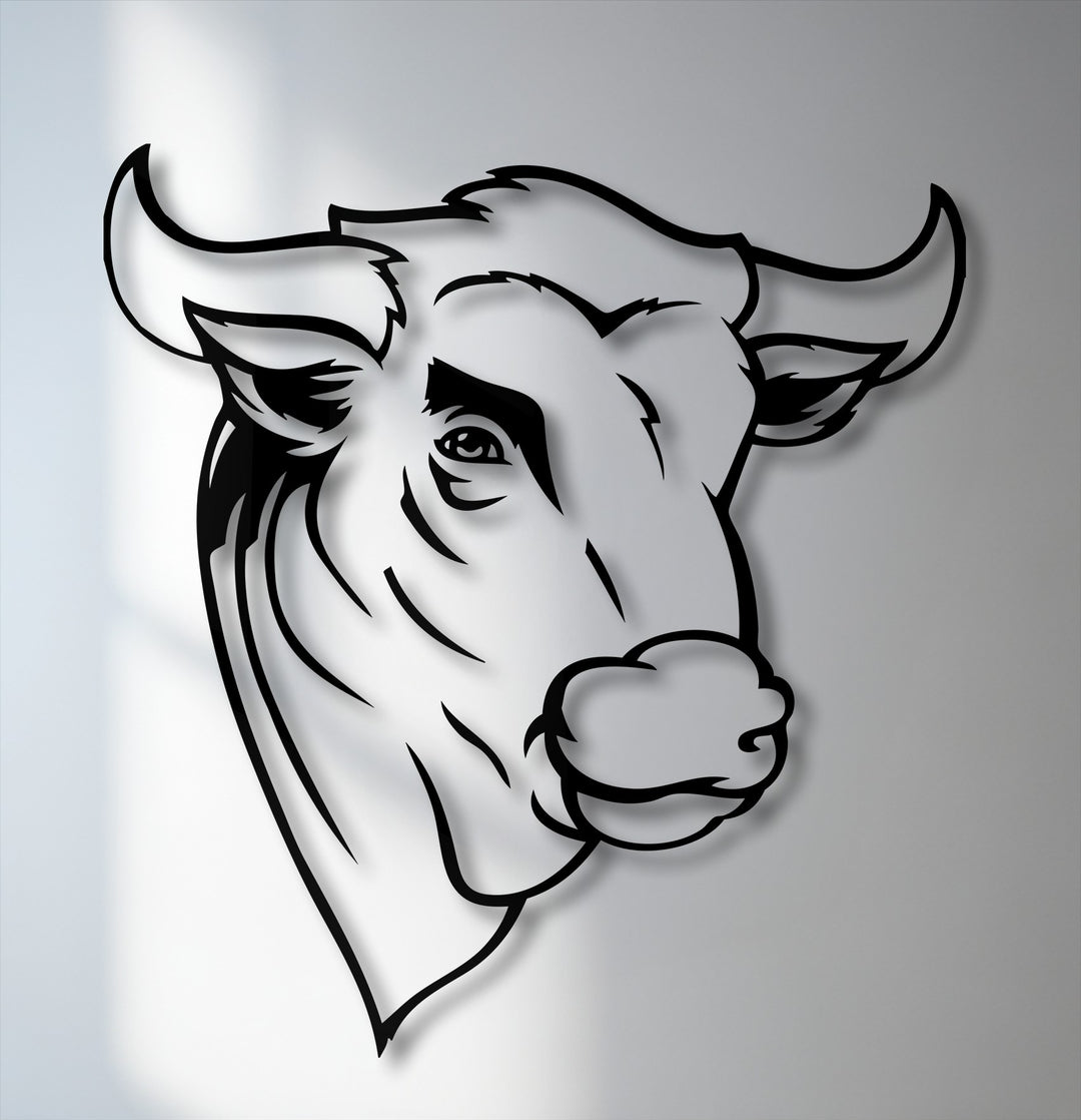 The sharp, matte black finish of the rustic bull head metal decoration wall art creates a striking dimensional silhouette with a deep shadow.