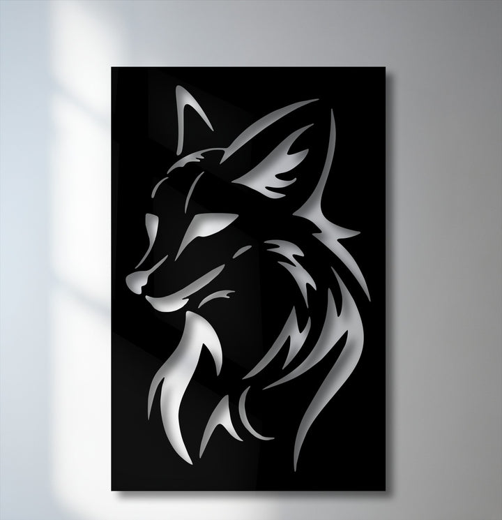 Dominant black decorative metal art showcases a striking silver tribal wolf head silhouette, a modern animal decor piece.