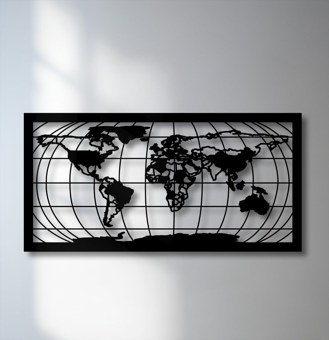 The gentle transition from crisp white to nuanced gray on the backdrop highlights the bold black world map grid metal artwork.
