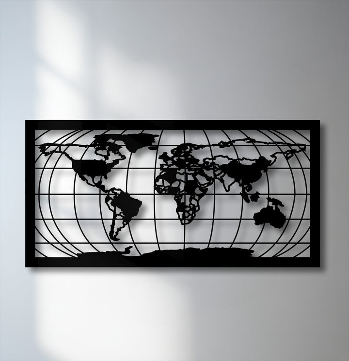 The gentle transition from crisp white to nuanced gray on the backdrop highlights the bold black world map grid metal artwork.