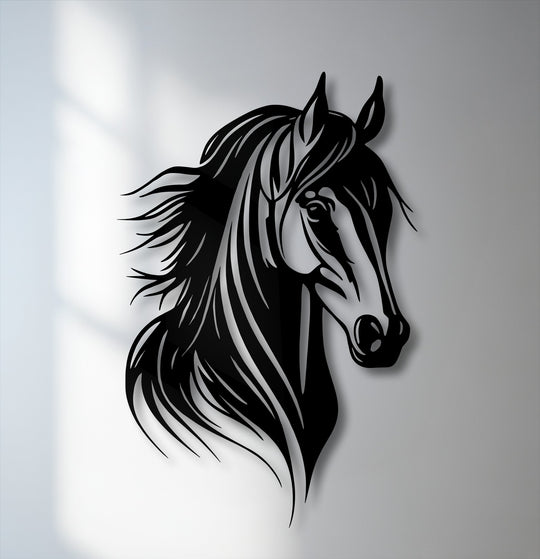 The prominent negative space emphasizes the graceful silhouette of a horse head, expertly crafted as captivating metal art for wall decor.