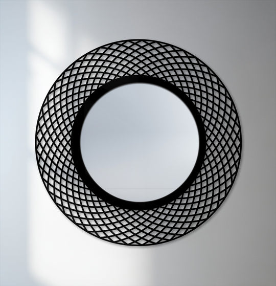 Interwoven geometric details around the modern mirror create an eye-catching piece of metal artwork for an entryway or bathroom wall.
