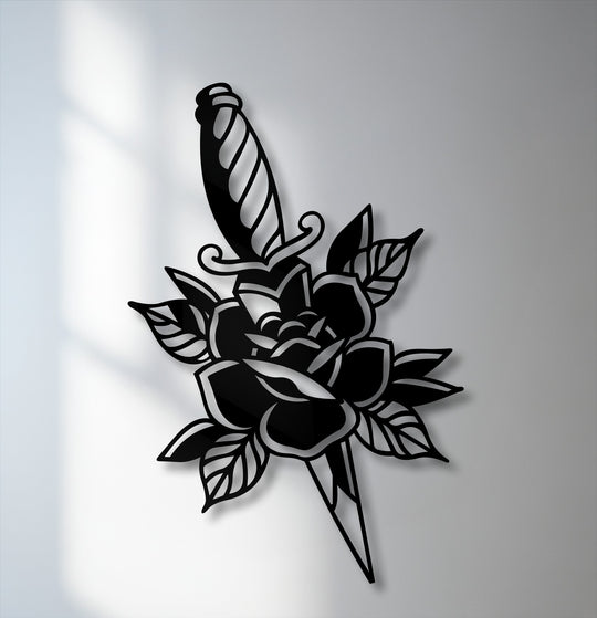 A striking monochromatic metal artwork featuring a rose and dagger silhouette, rendered with extremely low color saturation for a dramatic effect.