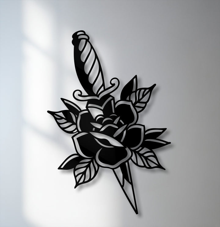 A striking monochromatic metal artwork featuring a rose and dagger silhouette, rendered with extremely low color saturation for a dramatic effect.