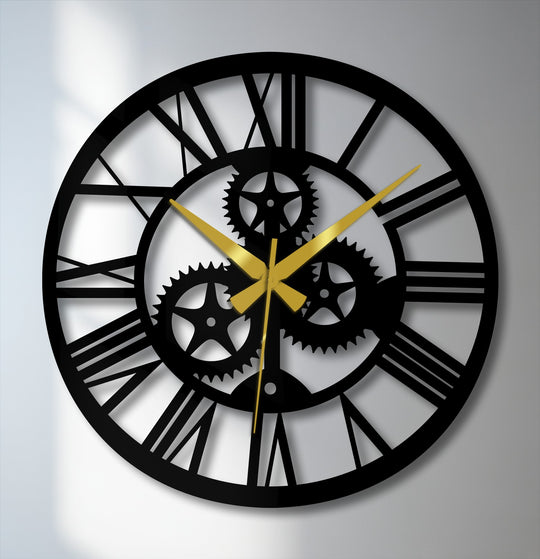 Circular industrial gear metal wall clock, horizontally oriented, featuring Roman numerals and steampunk design, showcasing the beauty of metal wall decor.