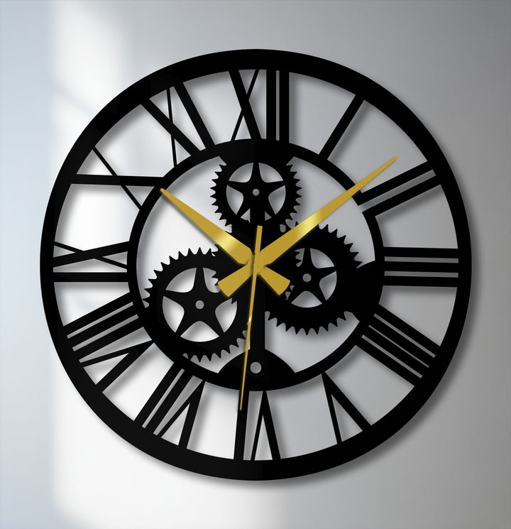 Circular industrial gear metal wall clock, horizontally oriented, featuring Roman numerals and steampunk design, showcasing the beauty of metal wall decor.