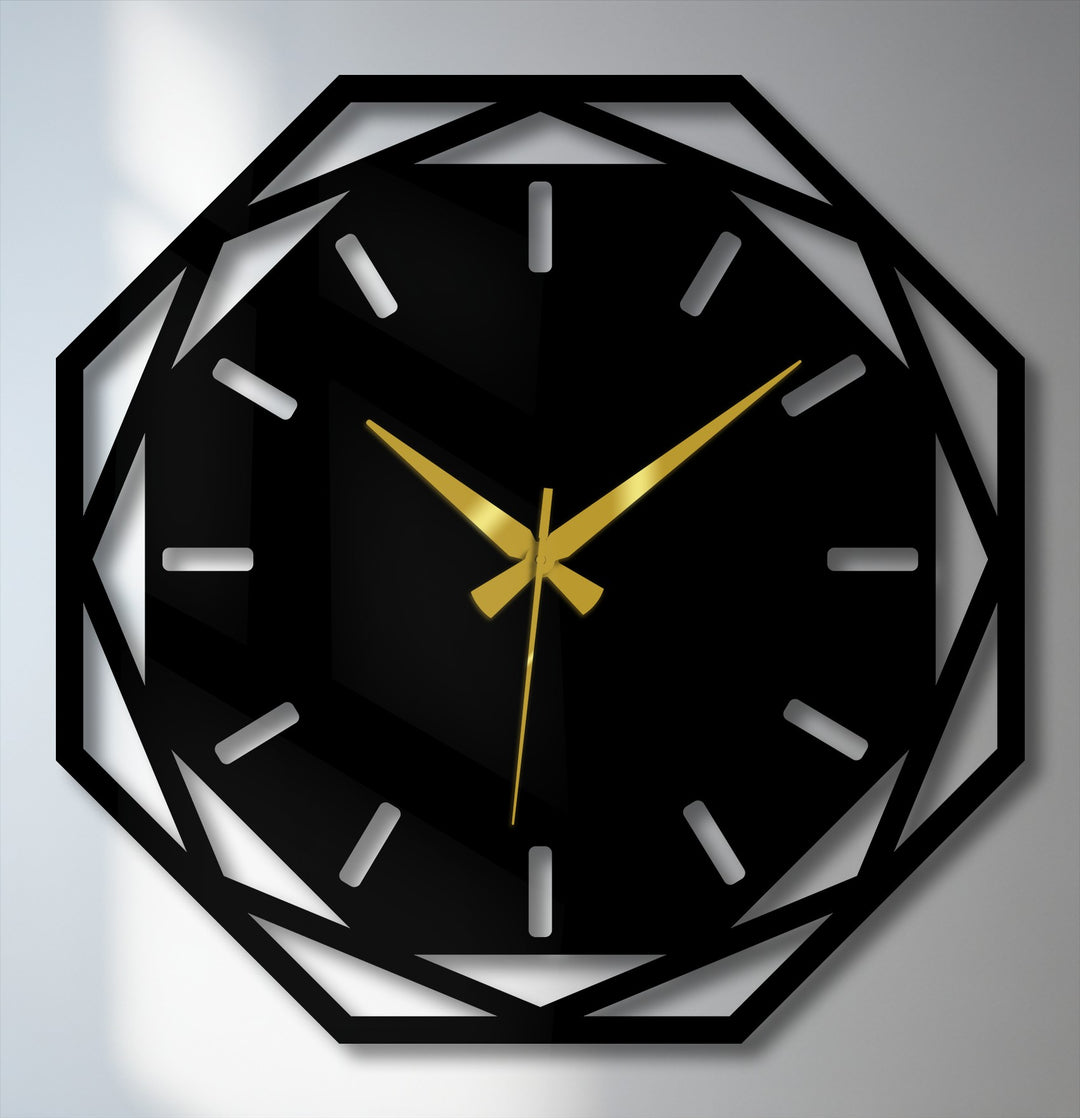 Highlighting the abstract quality, this modern octagonal metal wall clock uses geometric shapes to create a visually striking piece of decorative wall art.