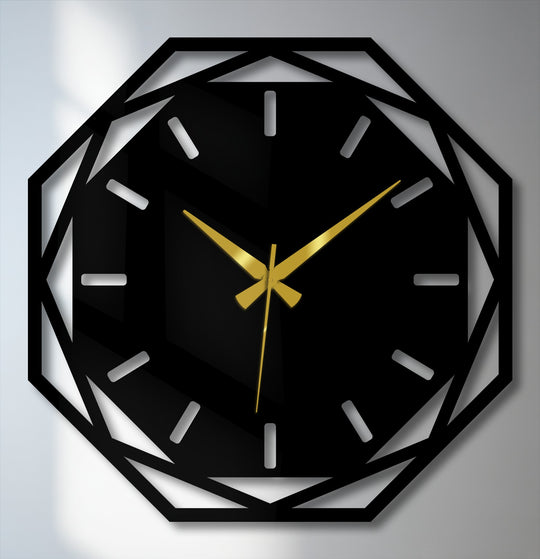 Highlighting the abstract quality, this modern octagonal metal wall clock uses geometric shapes to create a visually striking piece of decorative wall art.
