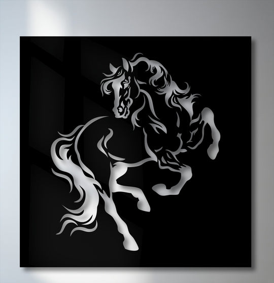 Angular geometric elements in the shadowy background enhance the powerful rearing horse silhouette, forming striking metal artwork.
