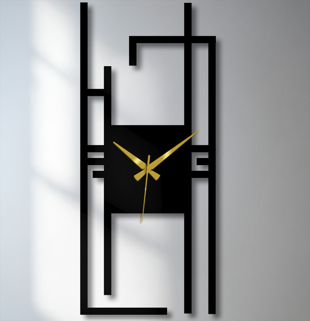 Vertical rectangular metal wall clock featuring a unique metal wall art design with abstract geometric shapes.