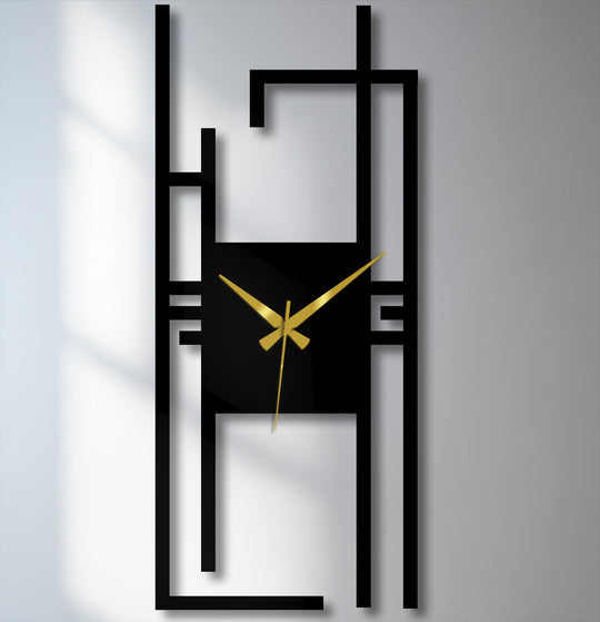 Vertical rectangular metal wall clock featuring a unique metal wall art design with abstract geometric shapes.