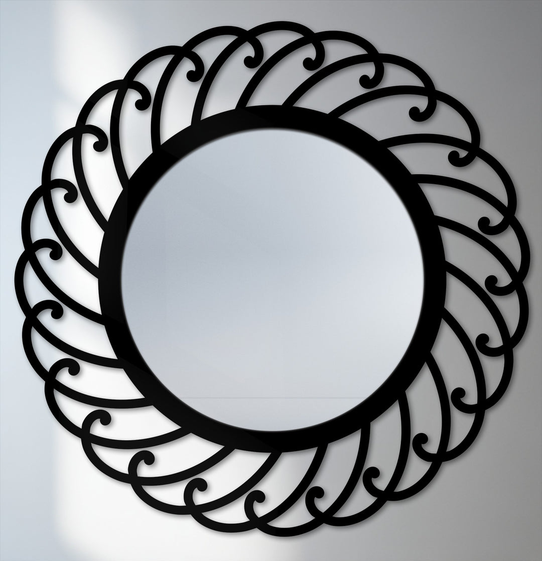 Black finish accentuates the intricate swirl pattern on this decoration wall art, a round metal wall mirror with an elegant spiral design.