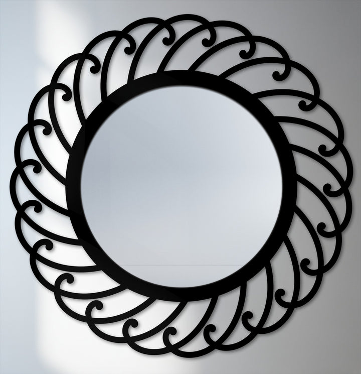 Black finish accentuates the intricate swirl pattern on this decoration wall art, a round metal wall mirror with an elegant spiral design.