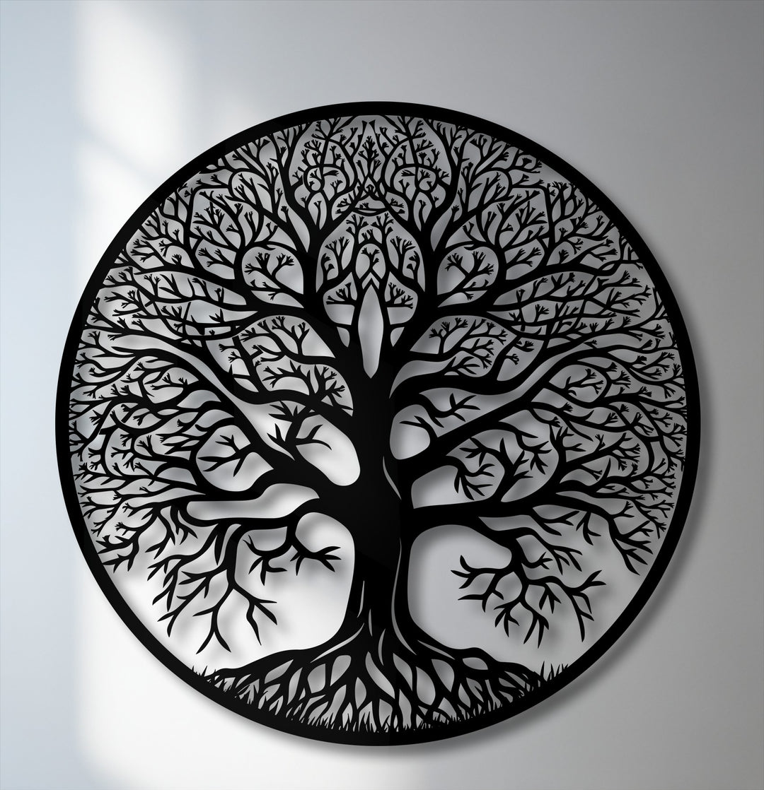 Striking color contrast in the black Tree of Life metal artwork, sharply defined against a bright white and gray background with subtle shadows.
