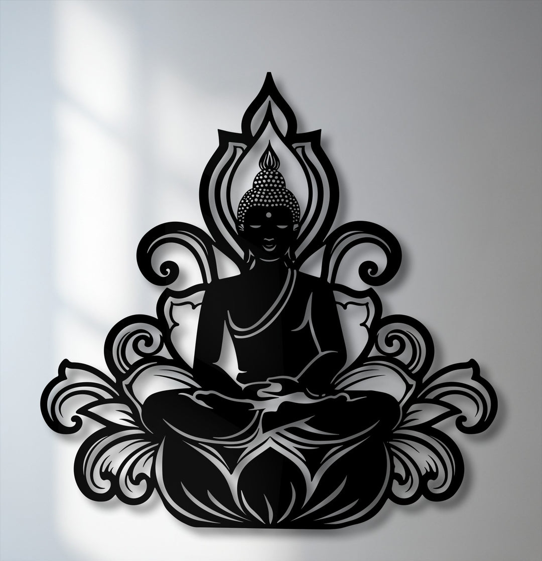 The bright, light gray wall background features gentle, blurred shadows, providing a serene setting for the black metal art for wall.