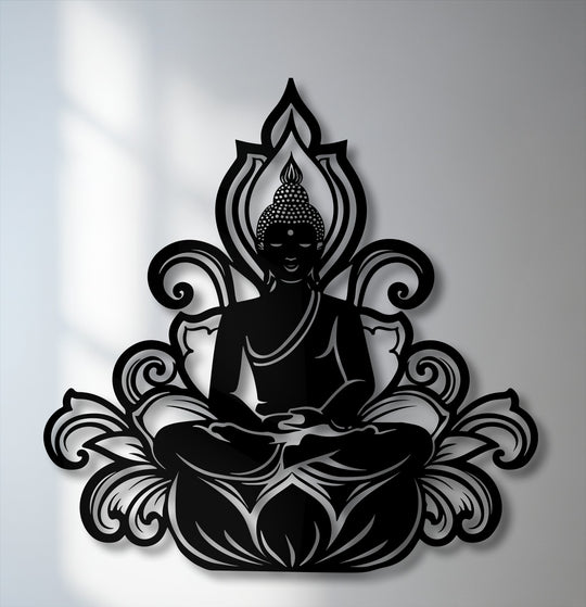 The bright, light gray wall background features gentle, blurred shadows, providing a serene setting for the black metal art for wall.
