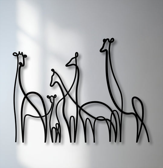 The visual rhythm of the minimalist giraffe family line art creates a harmonious flow in this striking decorative metal art piece.