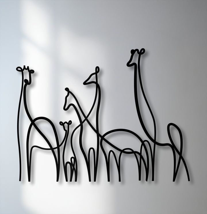 The visual rhythm of the minimalist giraffe family line art creates a harmonious flow in this striking decorative metal art piece.