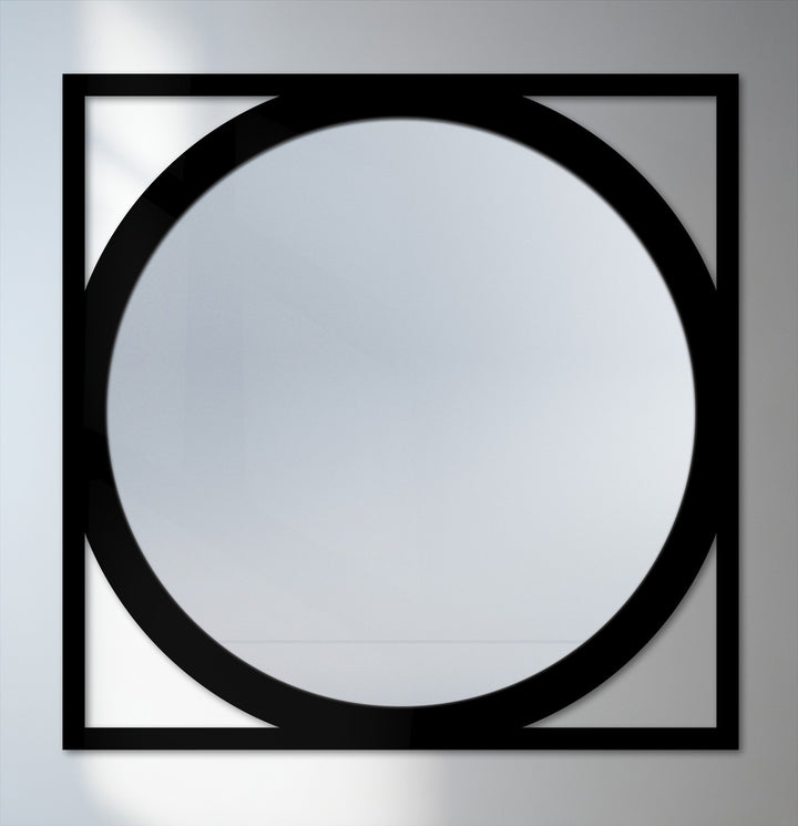 Highlighting the abstract quality, this decoration wall art piece features a geometric round floor mirror framed within a modern black metal square, creating an intriguing outline design.