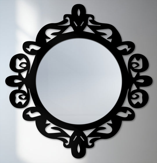 Soft reflections within the ornate royal crest round floor mirror emphasize the decorative mirror's elegant simplicity against the stark metal artwork.