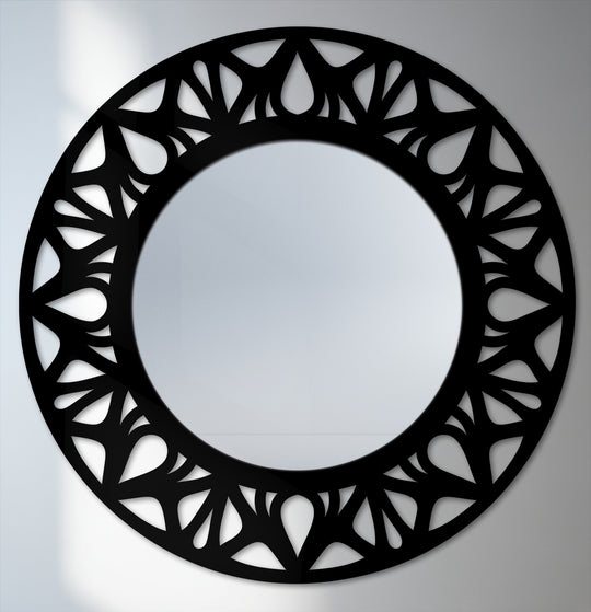 Foreground intricate floral cutouts encircle this modern black metal framed decorative mirror, creating a unique statement piece for home decoration wall art.