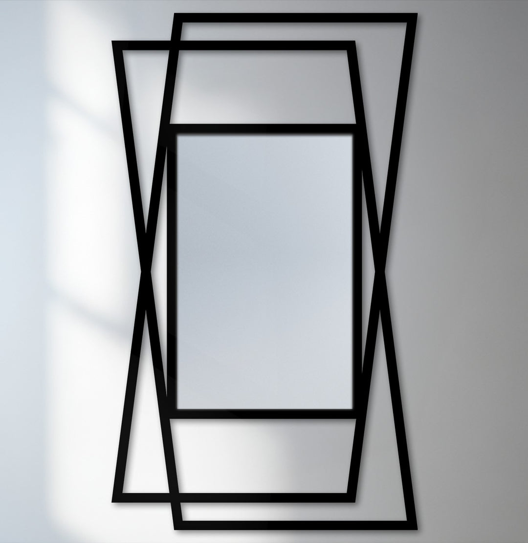 Black is the dominant color in this decoration wall art featuring an angular geometric frame floor mirror with overlapping modern metal lines.