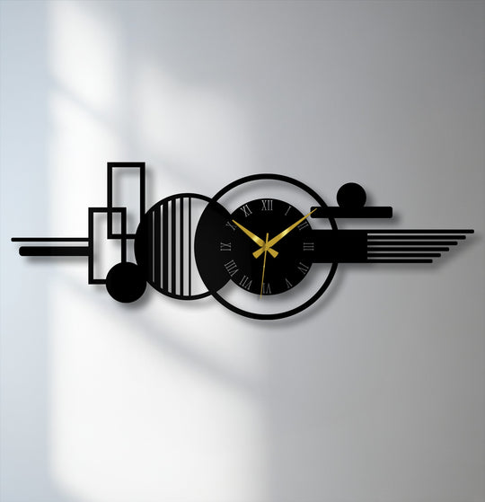 Softly diffused light accents the geometric design of this modern abstract metal wall clock, providing elegant metal wall decor with its horizontal arrangement.