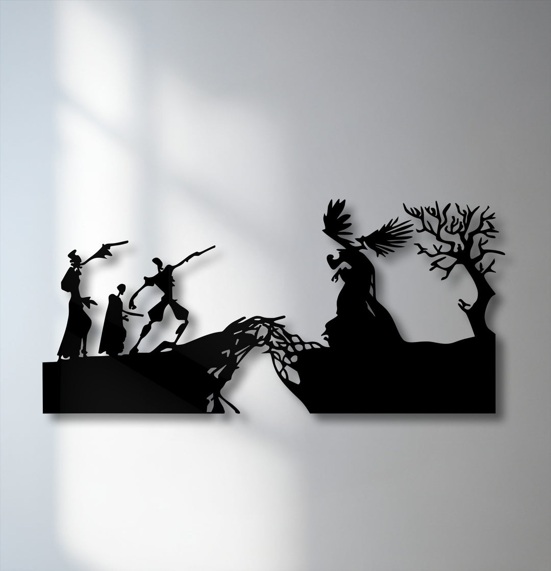 Horizontally oriented metal artwork showcasing an intricate multi-layered silhouette shape depicting a dramatic mythological creation scene.