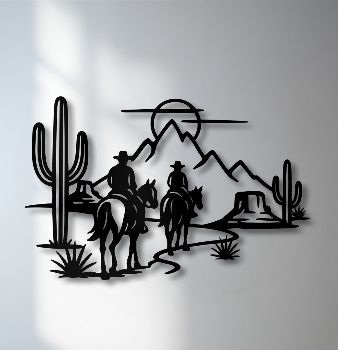 The superb material quality of this metal art for wall brings a crisp, sharp finish to the Western desert cowboys silhouette scene.