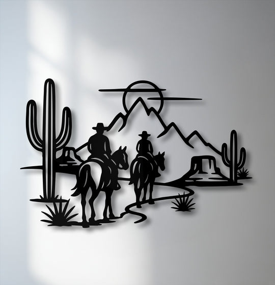 The superb material quality of this metal art for wall brings a crisp, sharp finish to the Western desert cowboys silhouette scene.