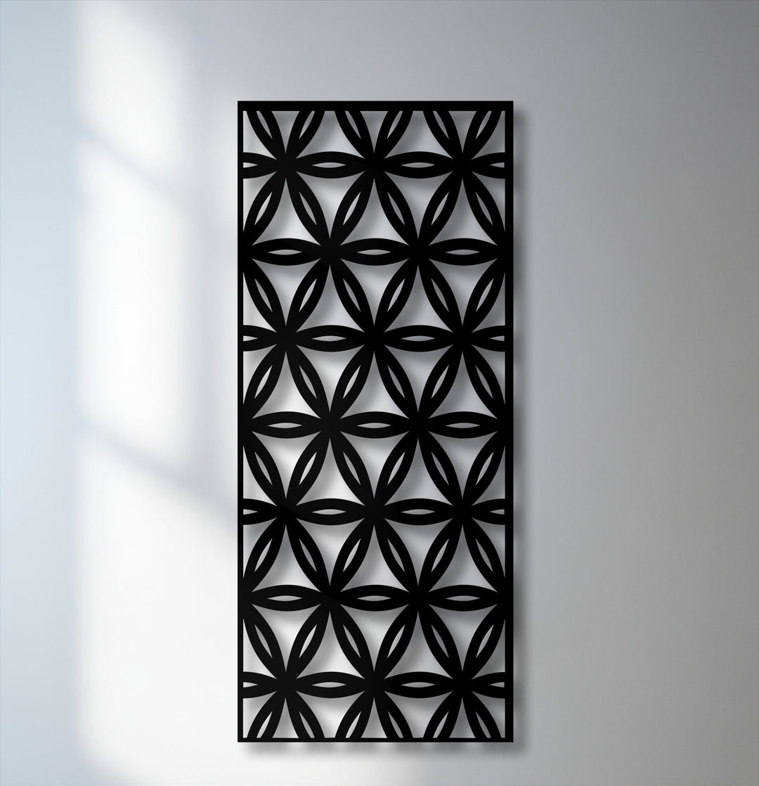 The crisp, defined black borders frame the intricate geometric floral pattern of this modern metal decoration wall art piece.