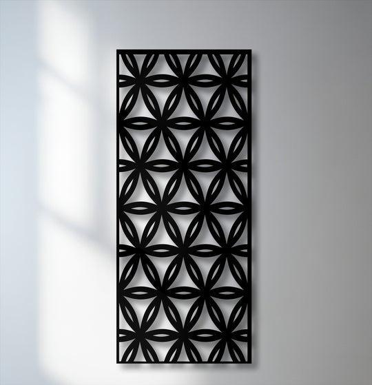 The crisp, defined black borders frame the intricate geometric floral pattern of this modern metal decoration wall art piece.