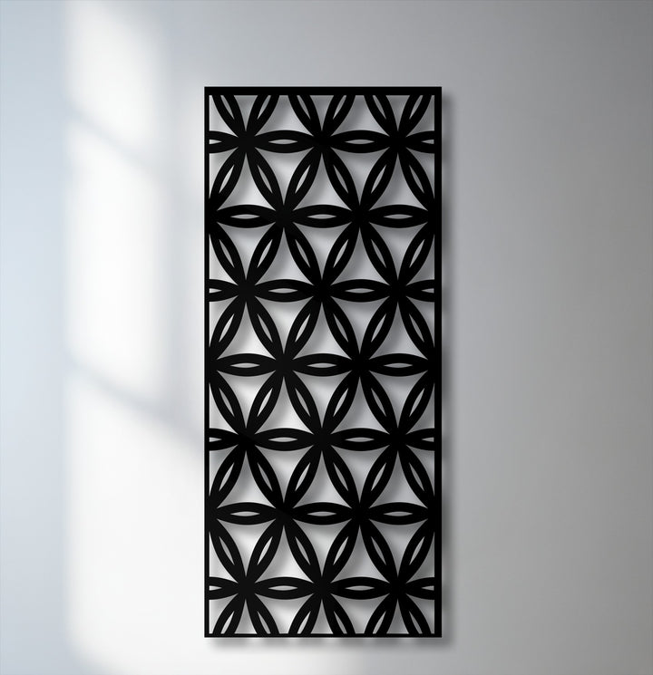 The crisp, defined black borders frame the intricate geometric floral pattern of this modern metal decoration wall art piece.