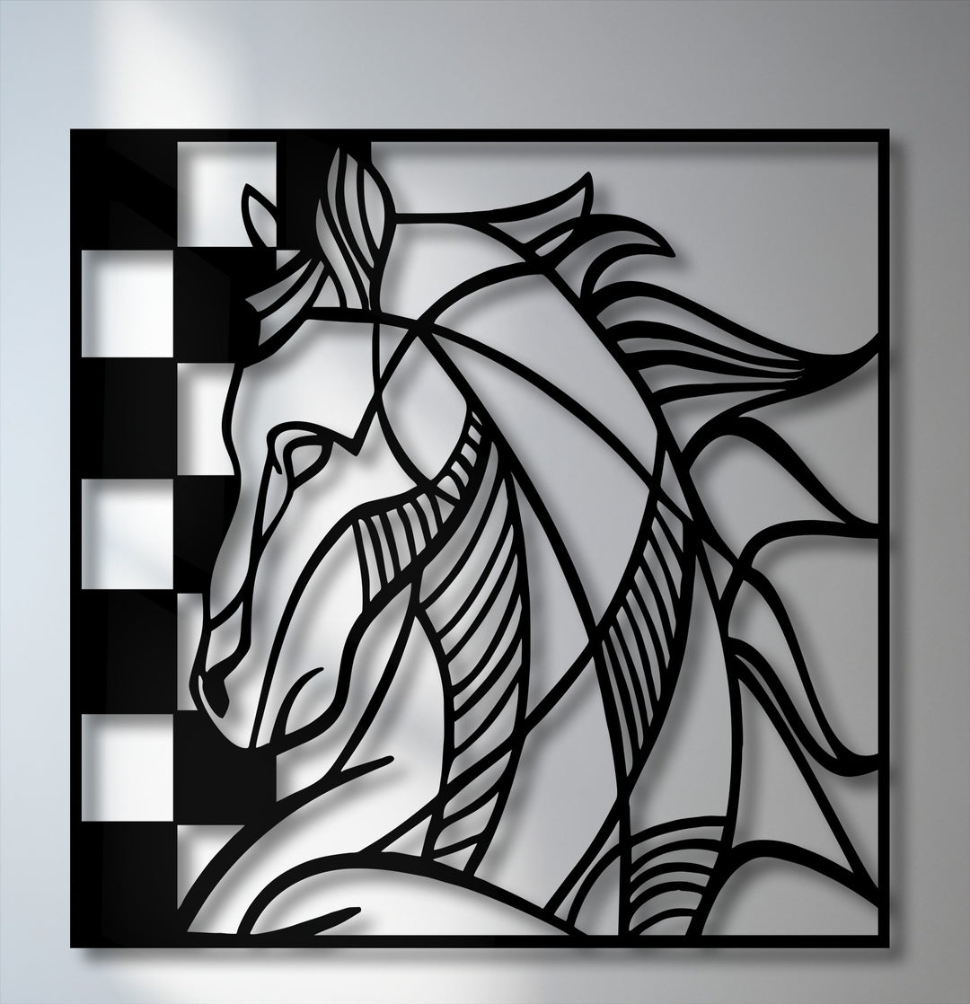 The crisp black edges and borders of this unique metal wall art define an abstract horse head silhouette, with a striking checkerboard pattern along the left.