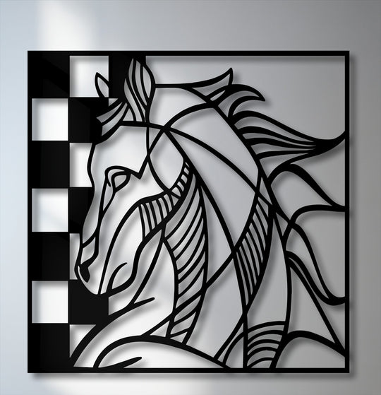 The crisp black edges and borders of this unique metal wall art define an abstract horse head silhouette, with a striking checkerboard pattern along the left.
