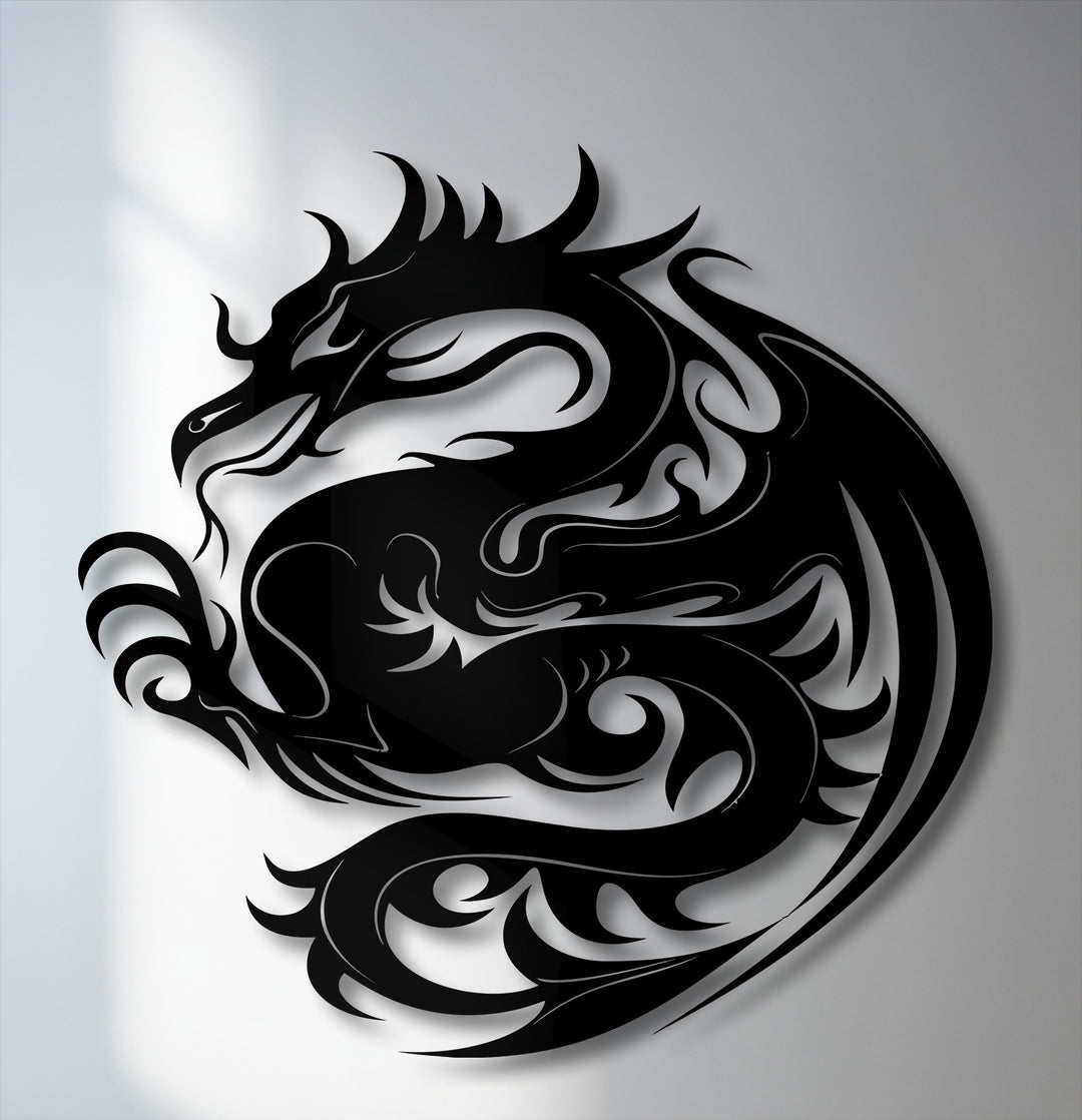 Evoking a mystical and commanding mood, this black tribal dragon circular metal decoration wall art adds a bold statement.