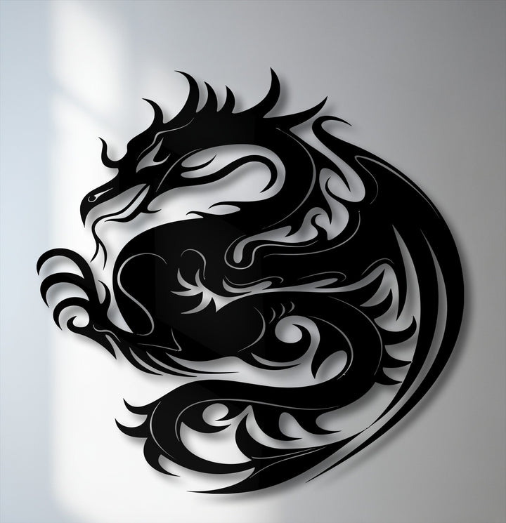 Evoking a mystical and commanding mood, this black tribal dragon circular metal decoration wall art adds a bold statement.