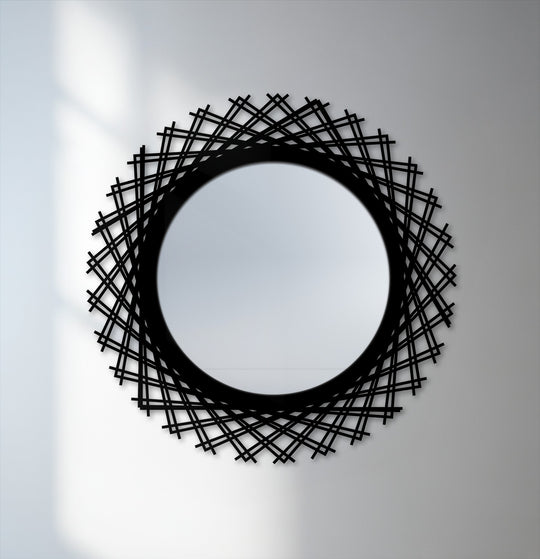 Centered, a round modern wall mirrors design features a layered line geometric frame, adding a decorative touch to the room's aesthetic.