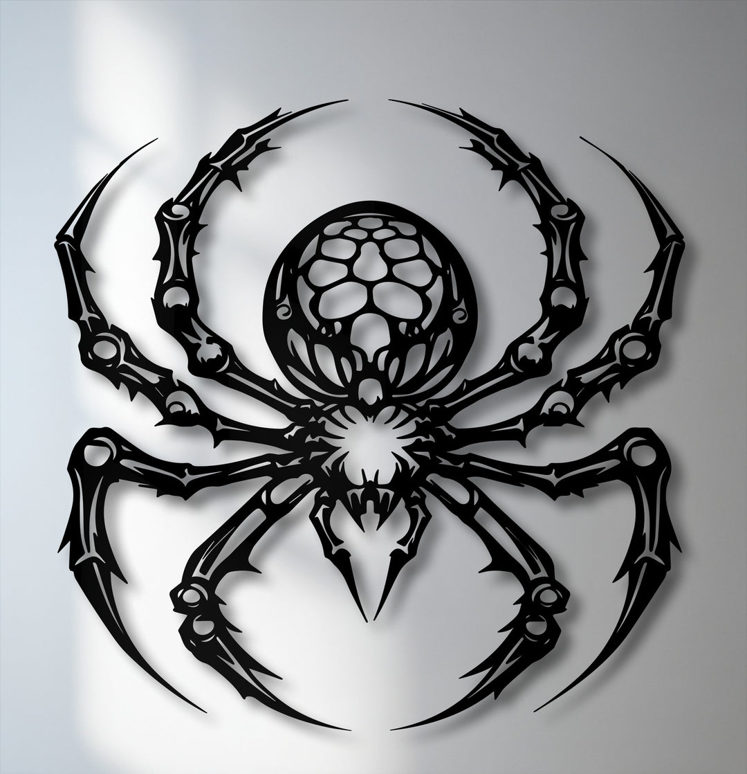 The realistic detail of the gothic spider metal artwork reveals its intricate, skeletal design and sharp, pointed legs casting subtle shadows.