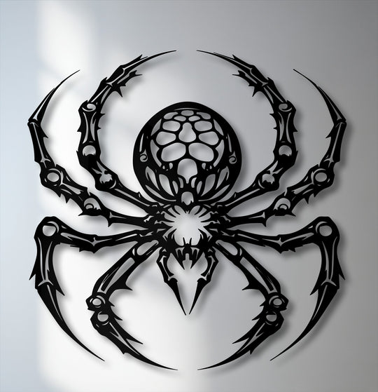 The realistic detail of the gothic spider metal artwork reveals its intricate, skeletal design and sharp, pointed legs casting subtle shadows.