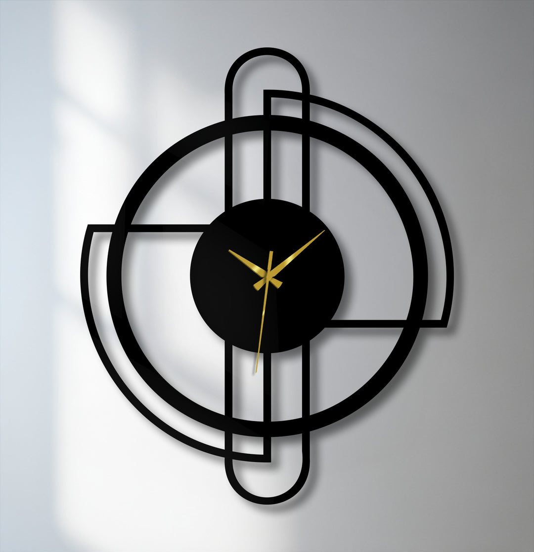 The softly lit background enhances the modern circle frame of the metal wall decor clock, accentuating its minimal line design and geometric elegance.