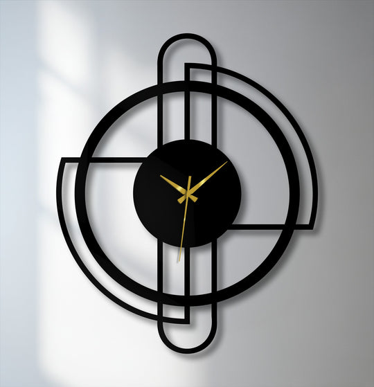 The softly lit background enhances the modern circle frame of the metal wall decor clock, accentuating its minimal line design and geometric elegance.
