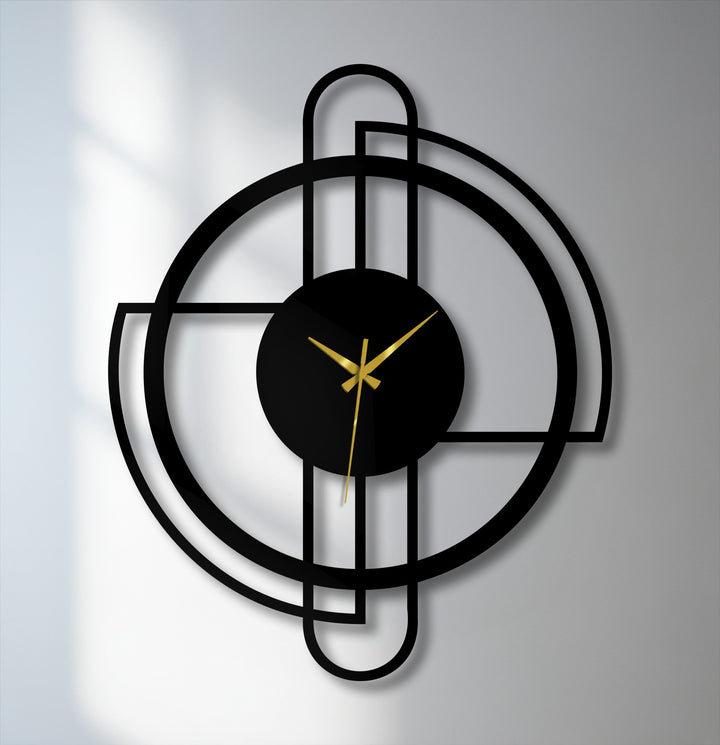The softly lit background enhances the modern circle frame of the metal wall decor clock, accentuating its minimal line design and geometric elegance.